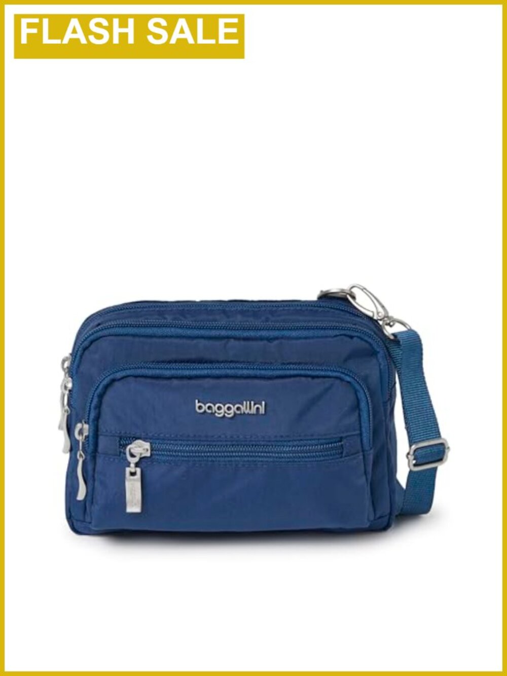 Baggallini Triple Zip Small Crossbody - Lightweight Water-Repellent Nylon